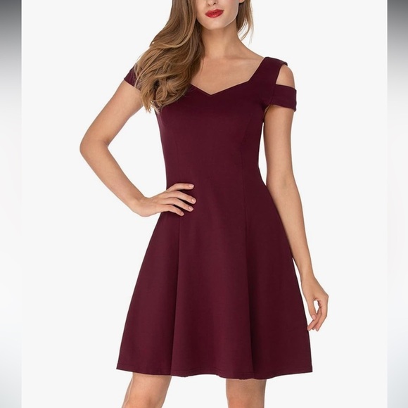 Insnova Burgundy Cold Shoulder A-Line Dress Romantic Fit & Flare Cocktail Party - Picture 1 of 13
